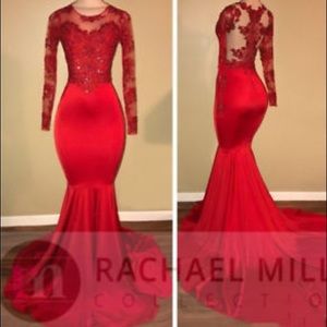 Red long sleeves prom dress